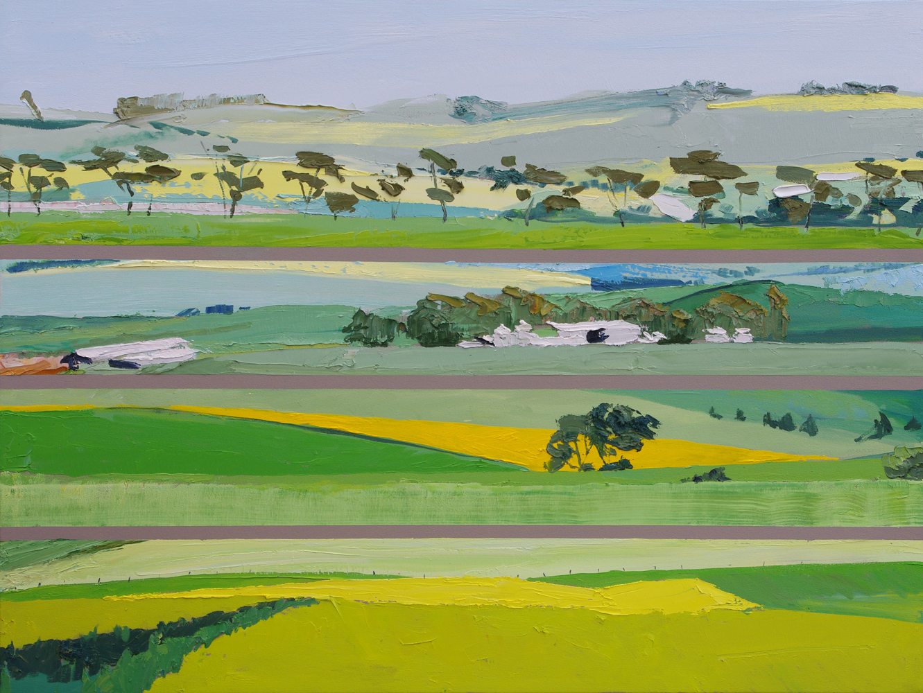 Abstract landscape oil painting of canola fields in rural South Australia by artist Lise Temple