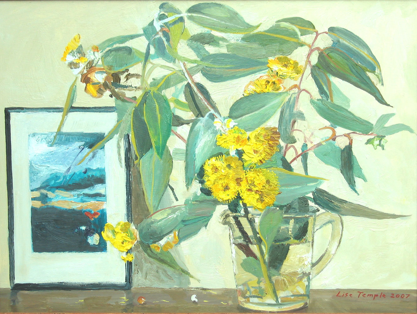 Still life painting, eucalyptus flowers by Australian artist Lise Temple