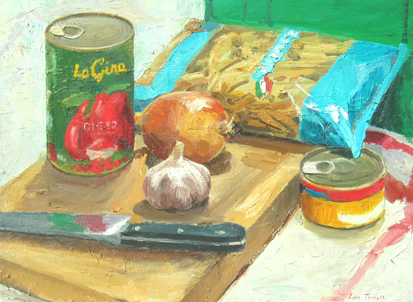 Still life, pasta painting by Australian artist Lise Temple